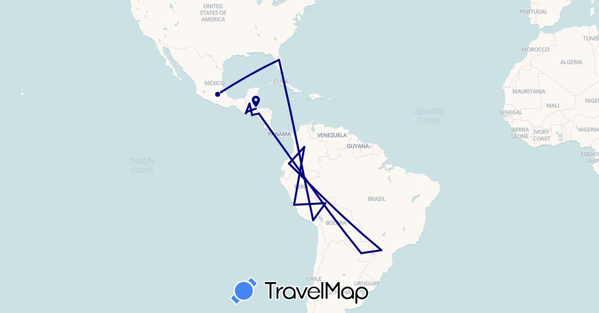 TravelMap itinerary: driving in Bolivia, Brazil, Colombia, Ecuador, Guatemala, Honduras, Mexico, Peru, Paraguay, El Salvador, United States (North America, South America)